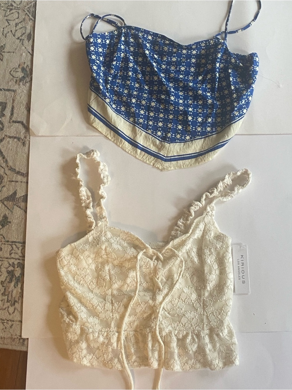 2-cropped cami tops. 1-Cream Lace Cami. 2- Blue & cream Cami Top
